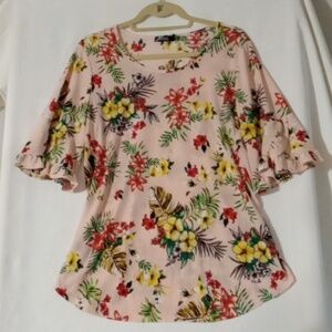 CURE. Pink floral top ruffled bell sleeves XL